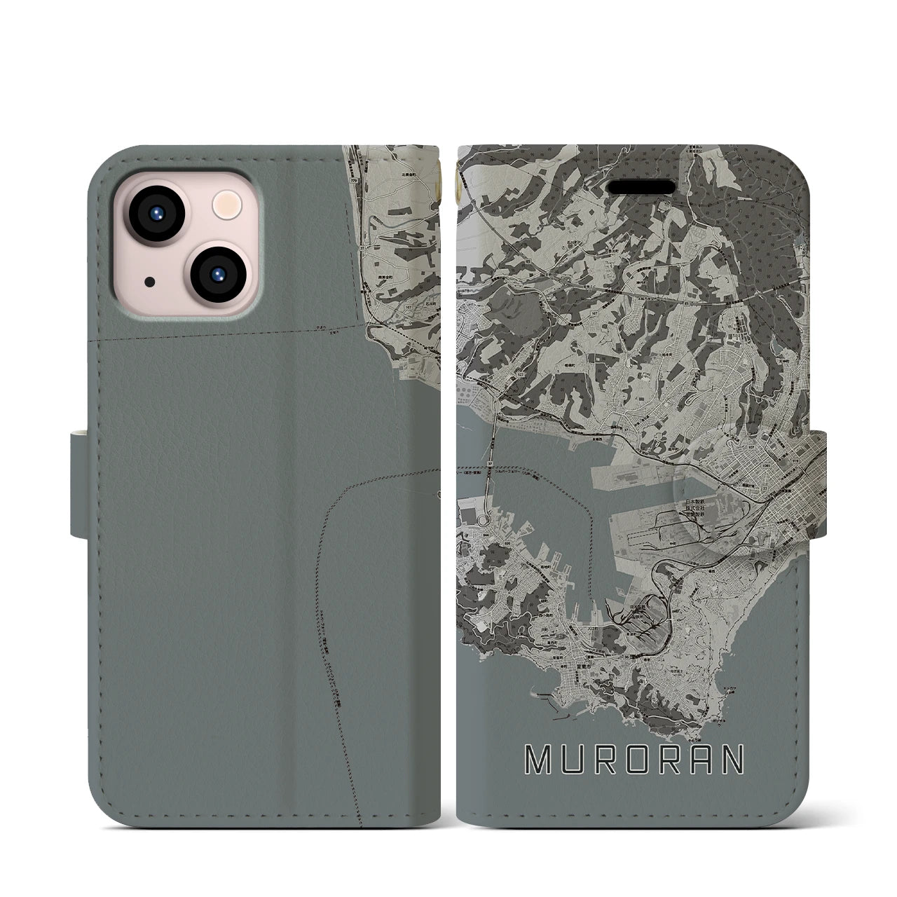 【室蘭(北海道)】地図柄iPhoneケース(手帳タイプ)モノトーン・iPhone 13 mini 用