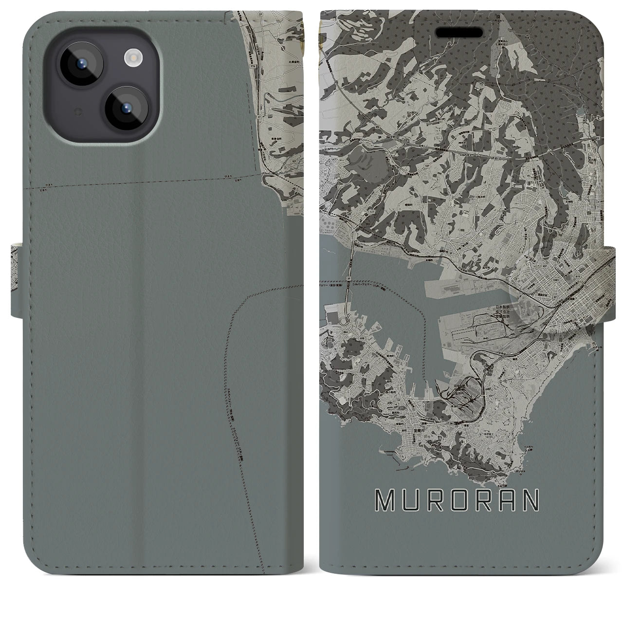 【室蘭(北海道)】地図柄iPhoneケース(手帳タイプ)モノトーン・iPhone 14 Plus 用