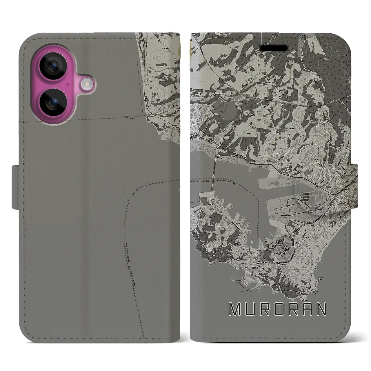【室蘭(北海道)】地図柄iPhoneケース(手帳タイプ)モノトーン・iPhone 16 Pro 用