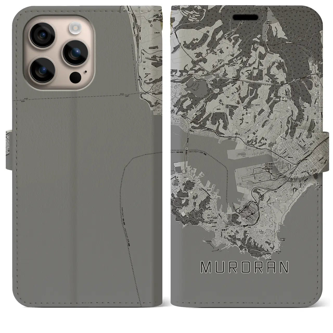 【室蘭(北海道)】地図柄iPhoneケース(手帳タイプ)モノトーン・iPhone 16 Plus 用