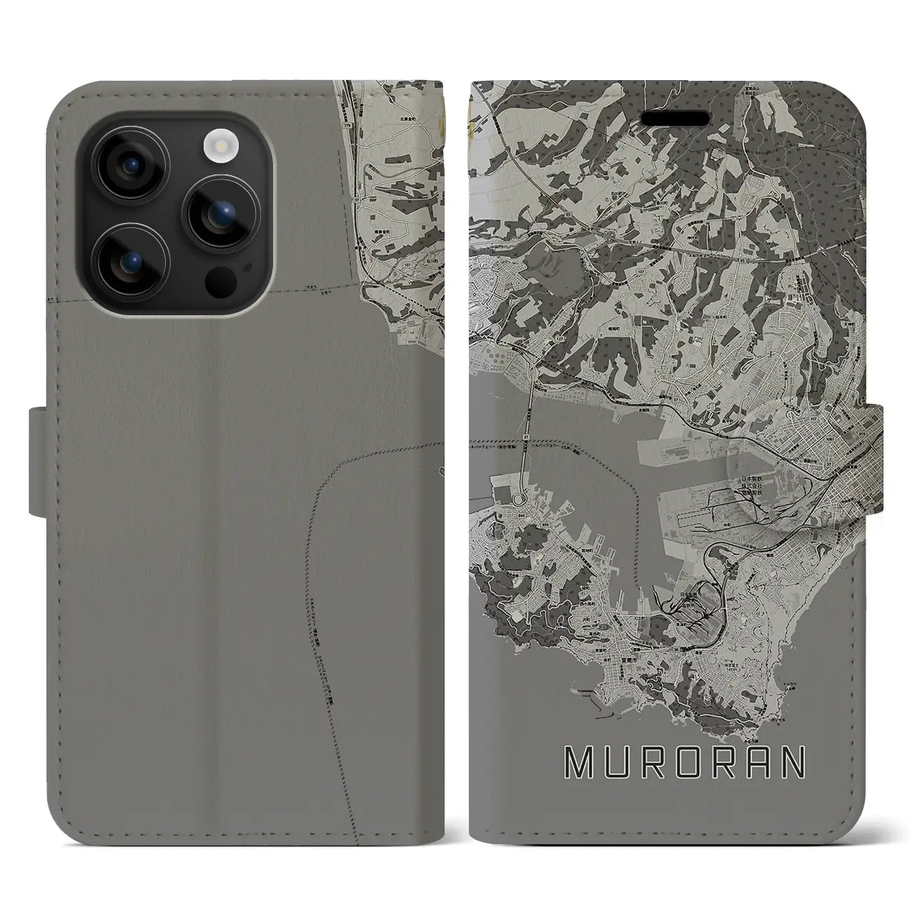 【室蘭(北海道)】地図柄iPhoneケース(手帳タイプ)モノトーン・iPhone 16 用