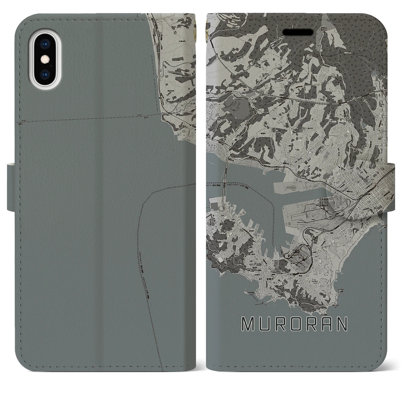 【室蘭(北海道)】地図柄iPhoneケース(手帳タイプ)モノトーン・iPhone XS Max 用
