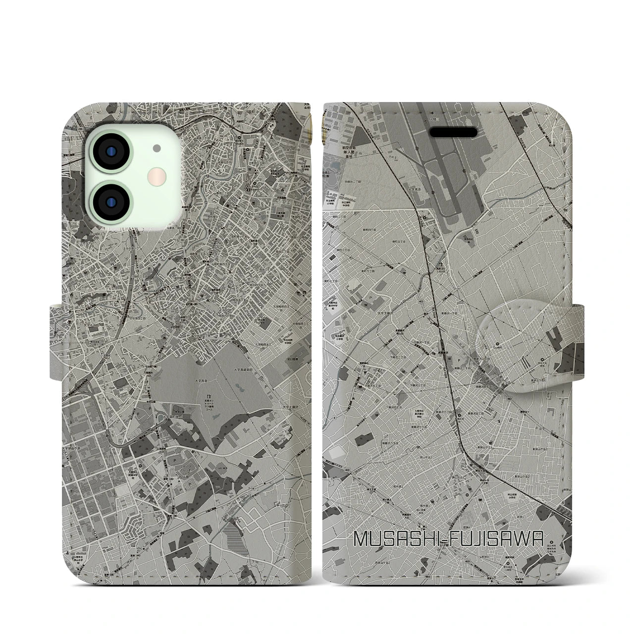 【武蔵藤沢(埼玉県)】地図柄iPhoneケース(手帳タイプ)モノトーン・iPhone 12 mini 用