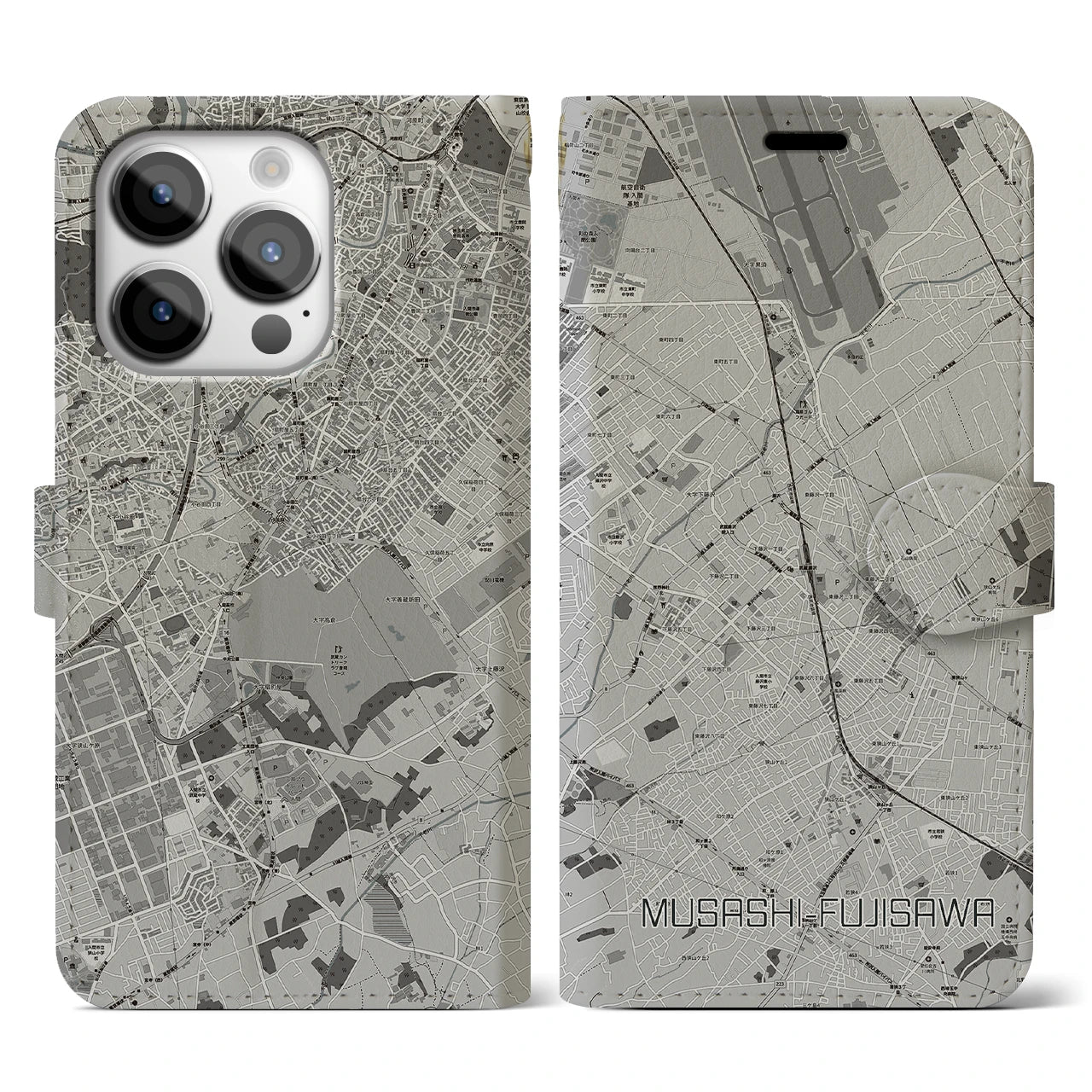 【武蔵藤沢(埼玉県)】地図柄iPhoneケース(手帳タイプ)モノトーン・iPhone 14 Pro 用