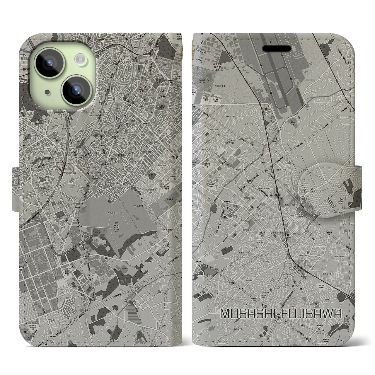 【武蔵藤沢(埼玉県)】地図柄iPhoneケース(手帳タイプ)モノトーン・iPhone 15 用