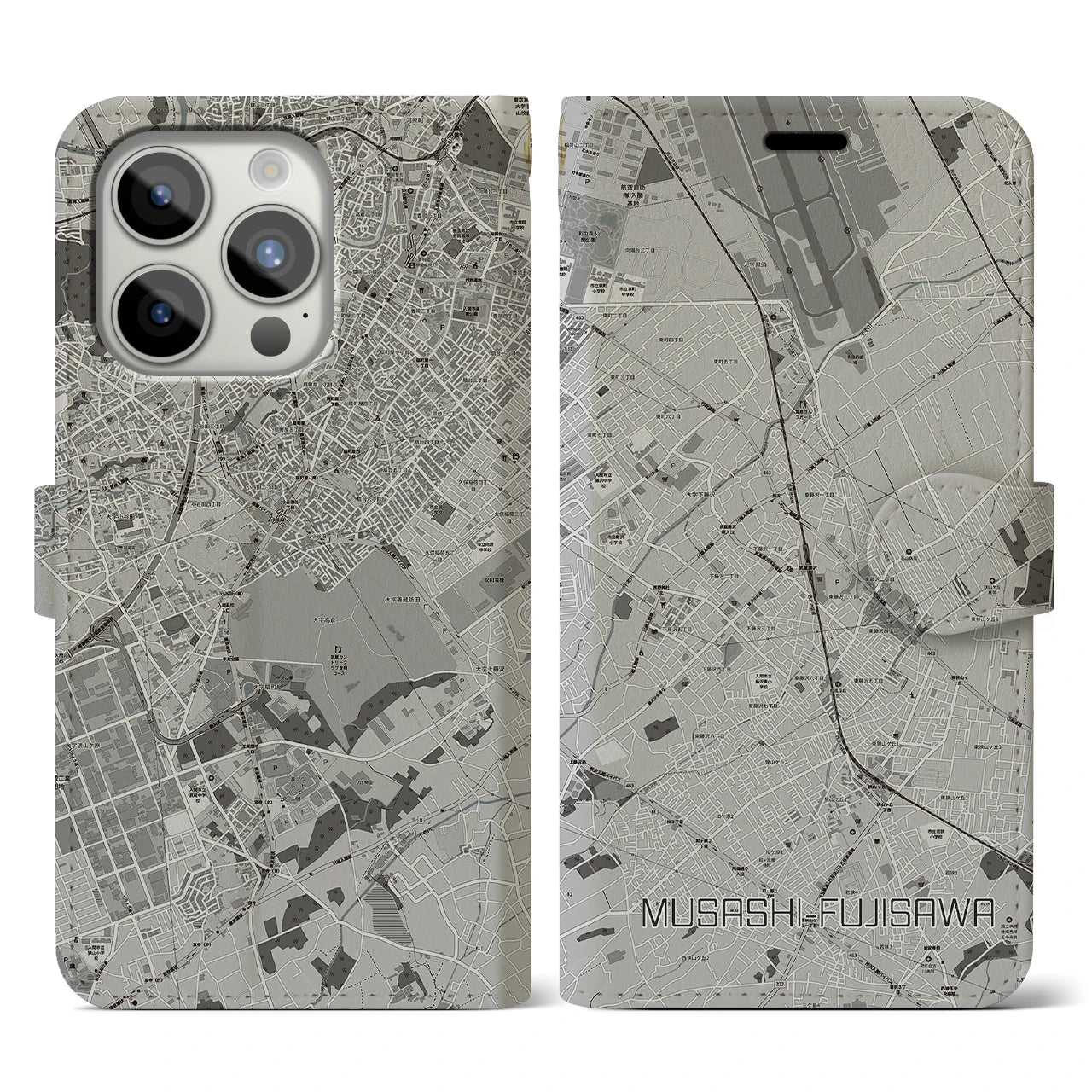 【武蔵藤沢(埼玉県)】地図柄iPhoneケース(手帳タイプ)モノトーン・iPhone 15 Pro 用