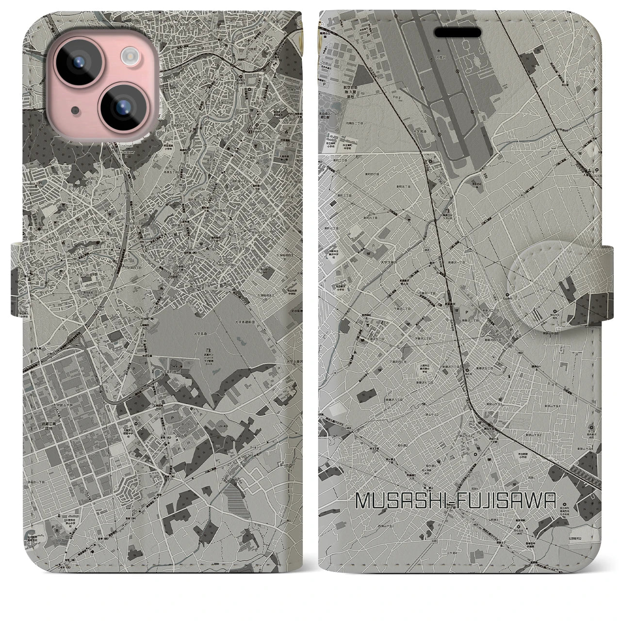 【武蔵藤沢(埼玉県)】地図柄iPhoneケース(手帳タイプ)モノトーン・iPhone 15 Plus 用