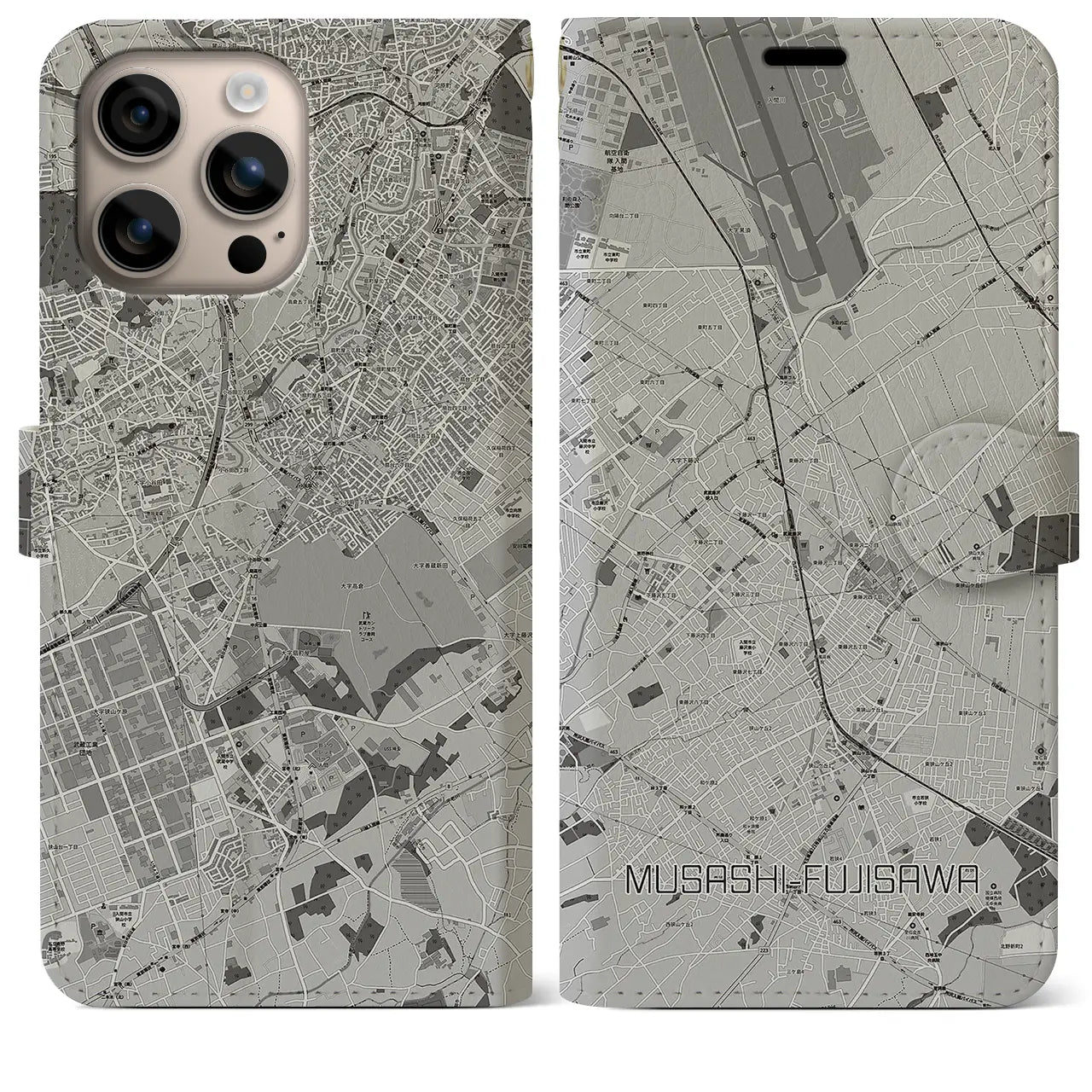 【武蔵藤沢(埼玉県)】地図柄iPhoneケース(手帳タイプ)モノトーン・iPhone 16 Plus 用