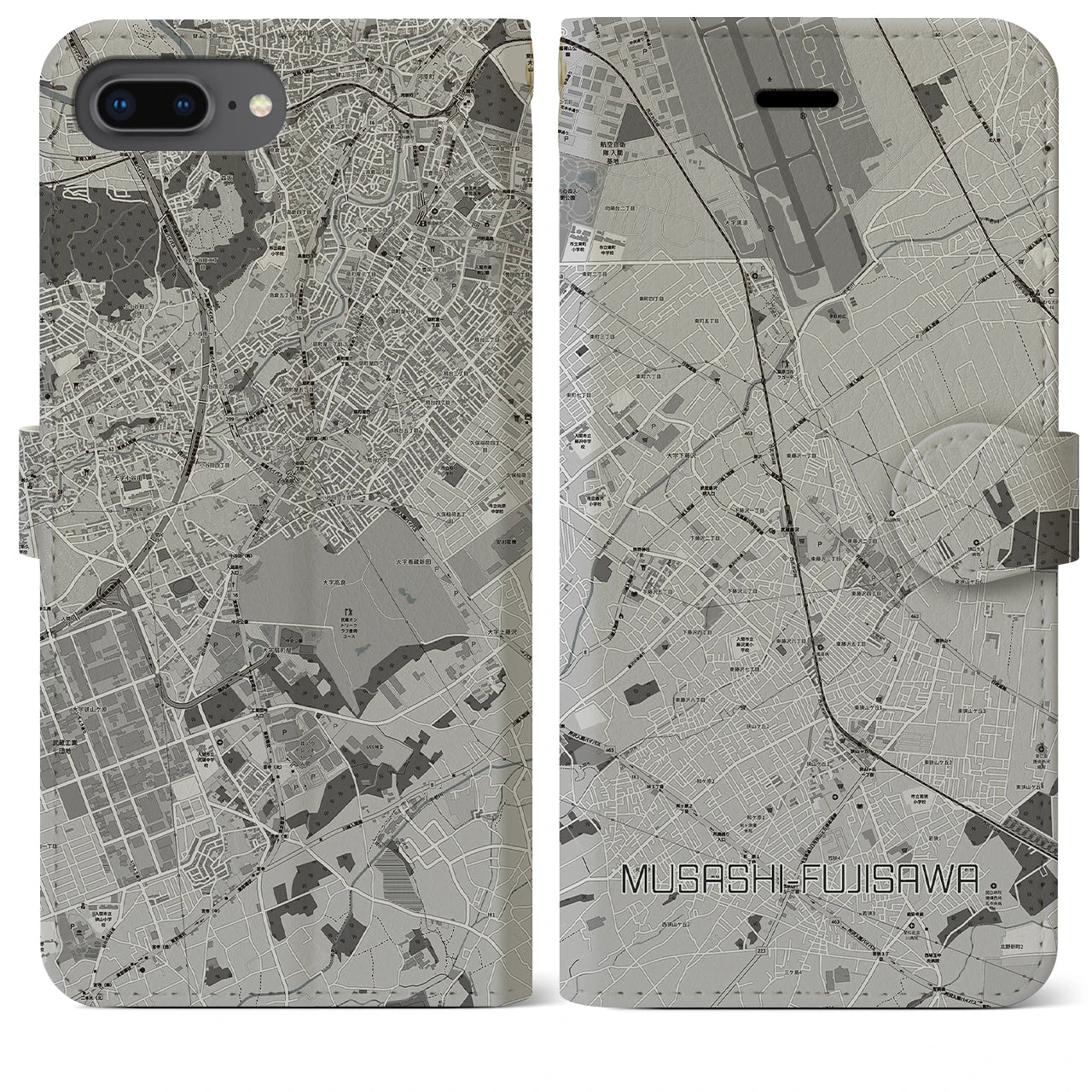 【武蔵藤沢(埼玉県)】地図柄iPhoneケース(手帳タイプ)モノトーン・iPhone 8Plus /7Plus / 6sPlus / 6Plus 用