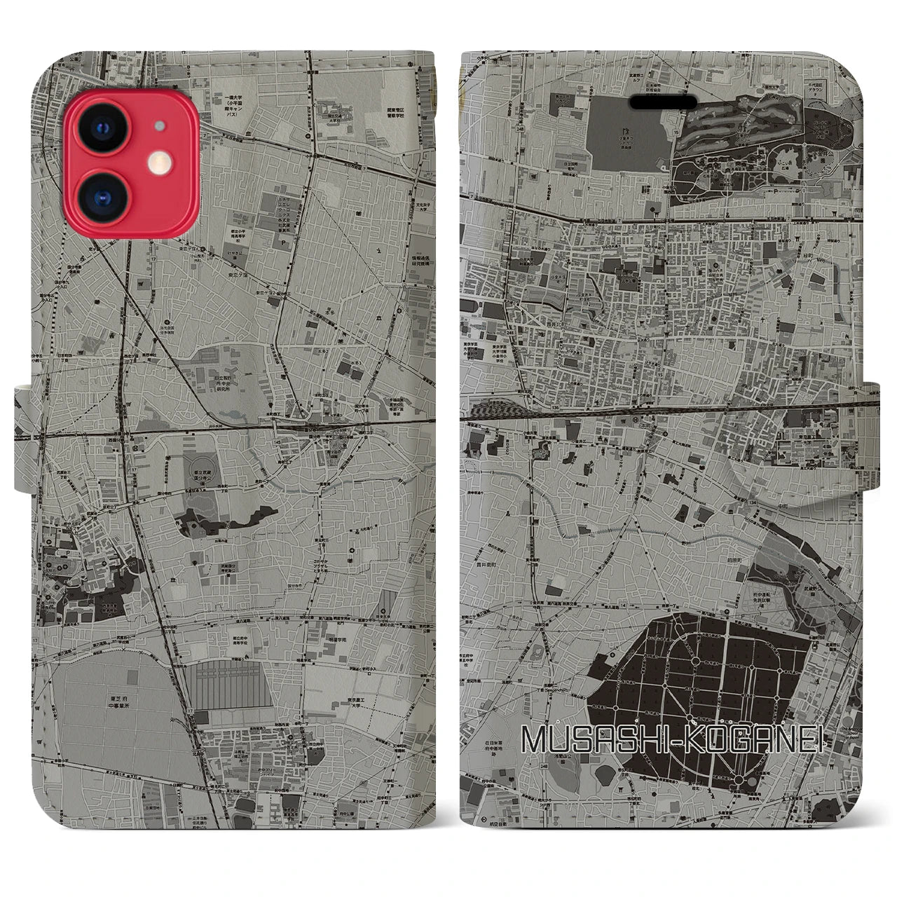 【武蔵小金井(東京都)】地図柄iPhoneケース(手帳タイプ)モノトーン・iPhone 11 用