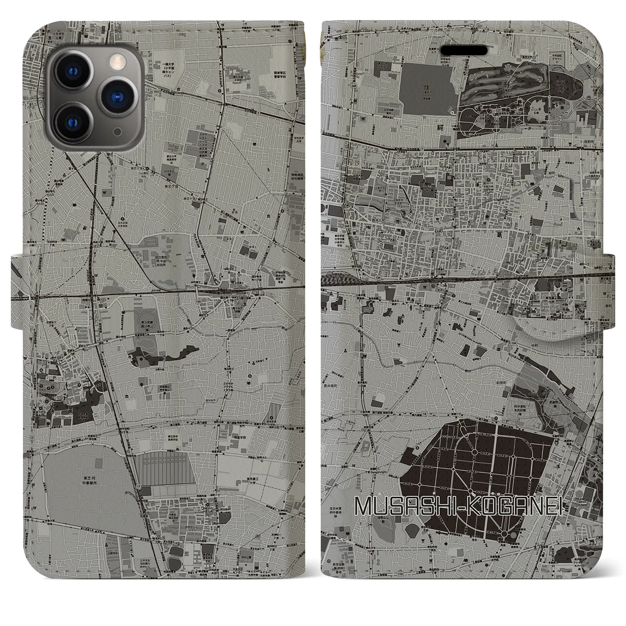 【武蔵小金井(東京都)】地図柄iPhoneケース(手帳タイプ)モノトーン・iPhone 11 Pro Max 用