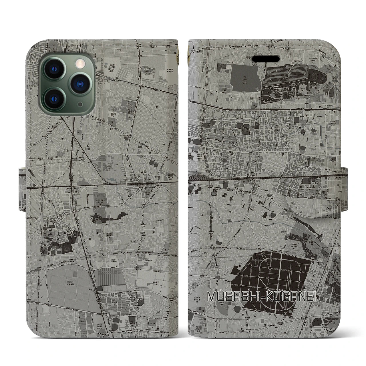 【武蔵小金井(東京都)】地図柄iPhoneケース(手帳タイプ)モノトーン・iPhone 11 Pro 用