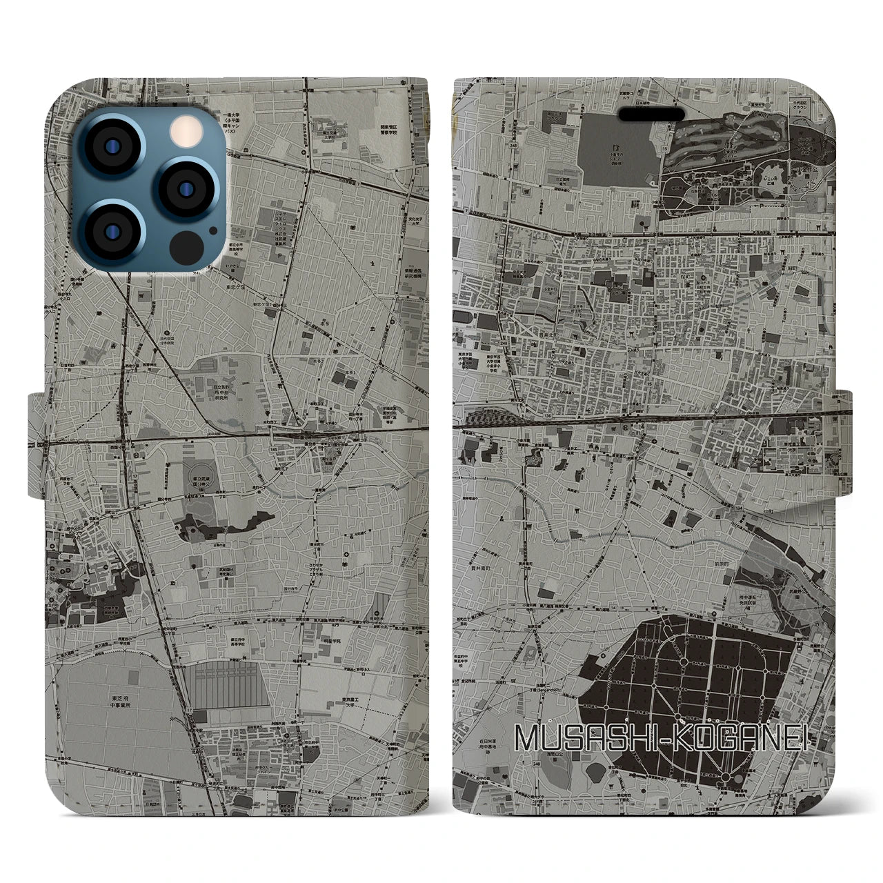 【武蔵小金井(東京都)】地図柄iPhoneケース(手帳タイプ)モノトーン・iPhone 12 / 12 Pro 用