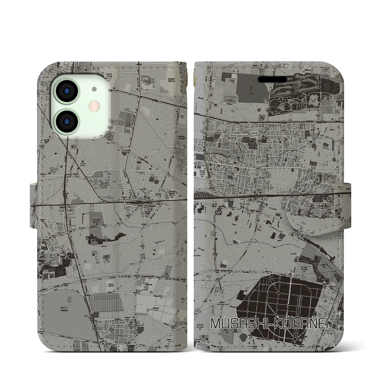 【武蔵小金井(東京都)】地図柄iPhoneケース(手帳タイプ)モノトーン・iPhone 12 mini 用