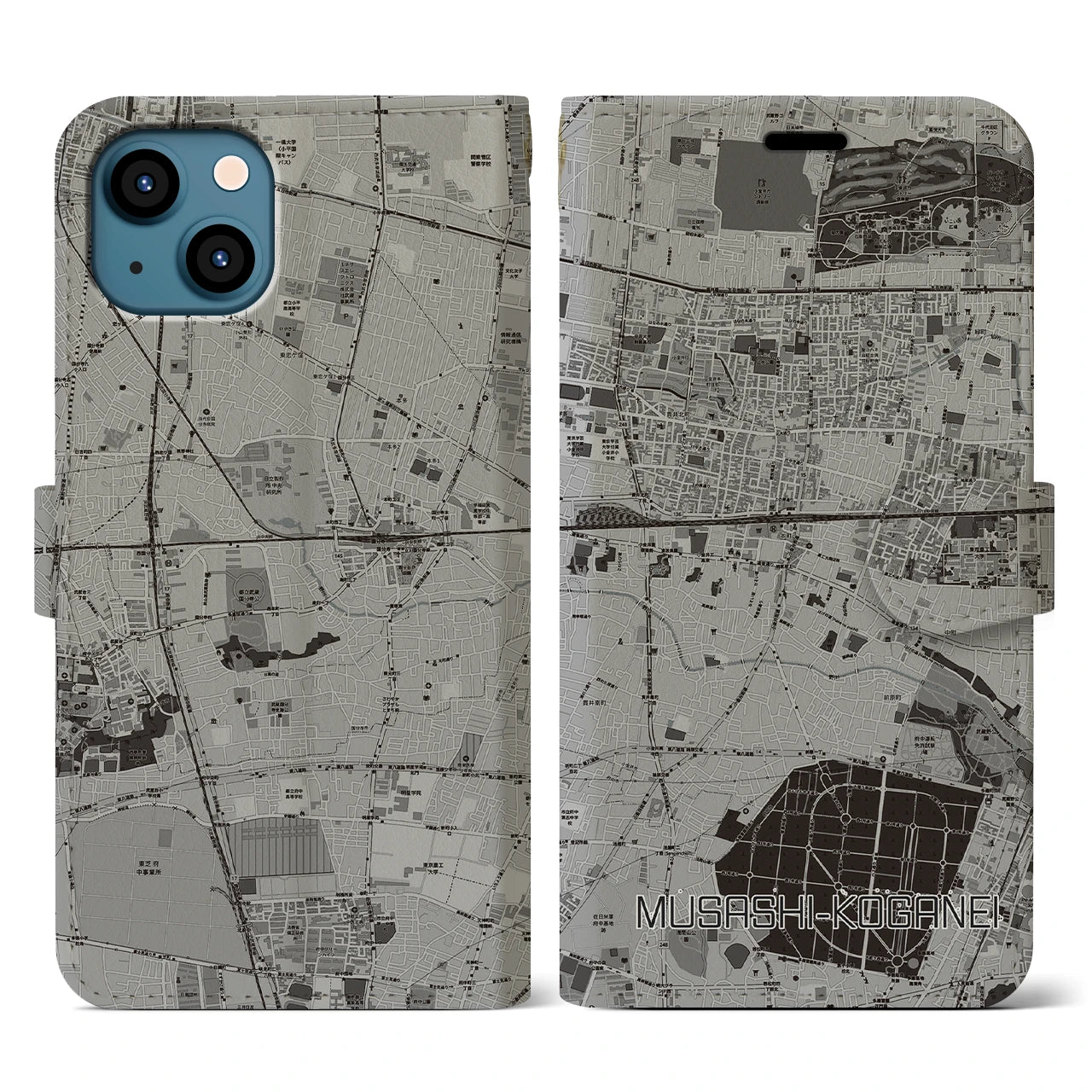 【武蔵小金井(東京都)】地図柄iPhoneケース(手帳タイプ)モノトーン・iPhone 13 用