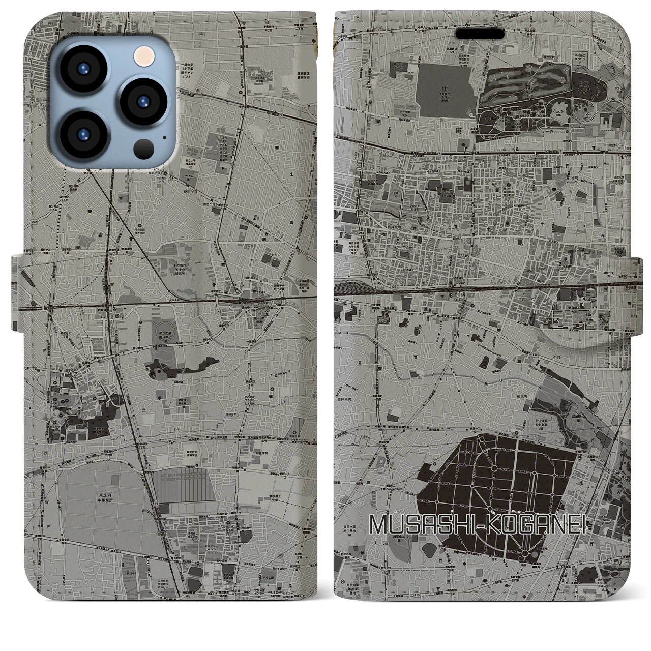 【武蔵小金井(東京都)】地図柄iPhoneケース(手帳タイプ)モノトーン・iPhone 13 Pro Max 用