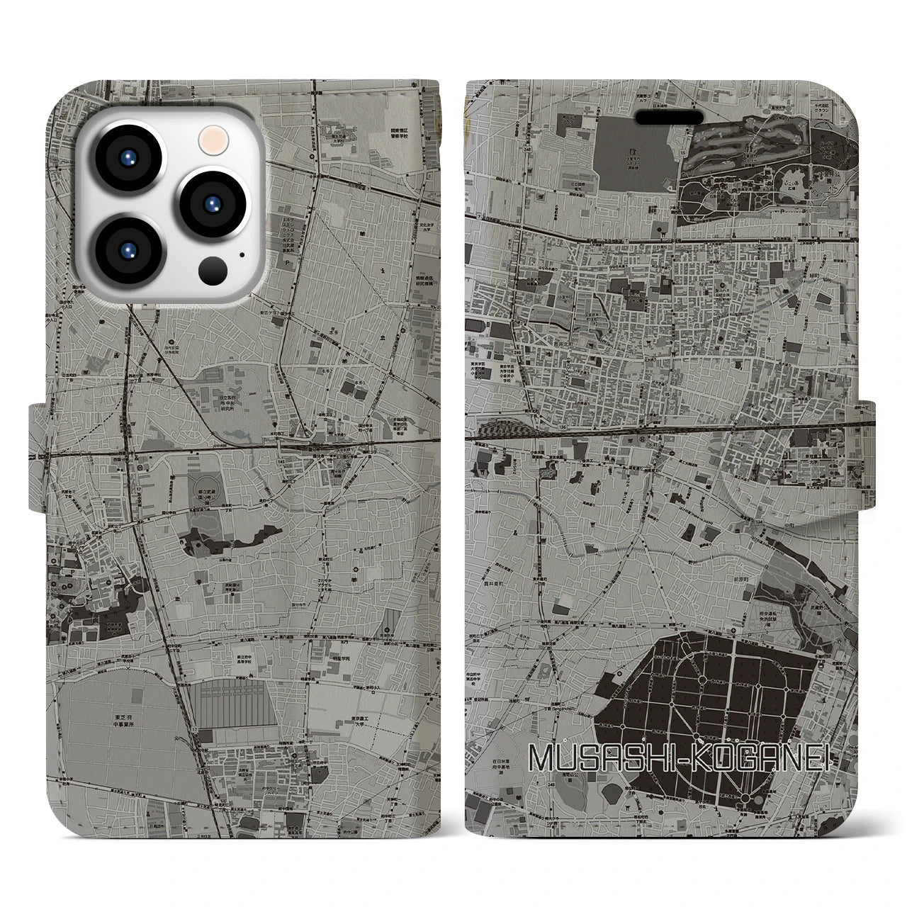 【武蔵小金井(東京都)】地図柄iPhoneケース(手帳タイプ)モノトーン・iPhone 13 Pro 用