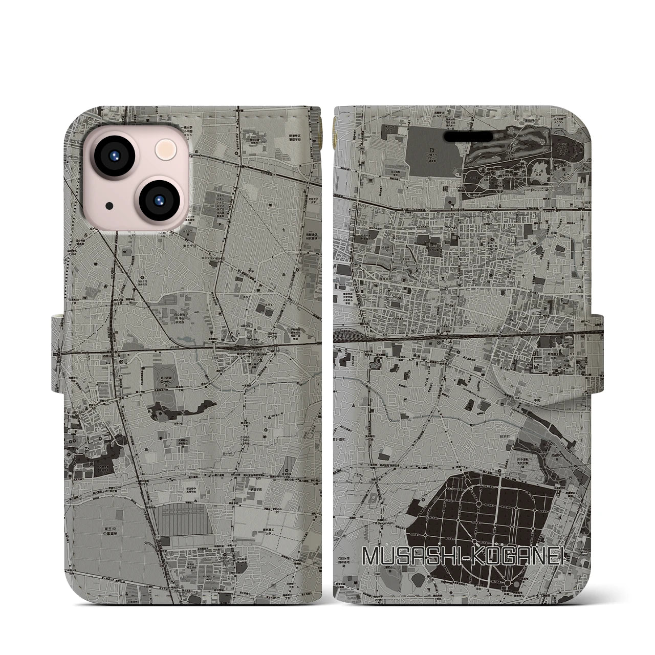 【武蔵小金井(東京都)】地図柄iPhoneケース(手帳タイプ)モノトーン・iPhone 13 mini 用