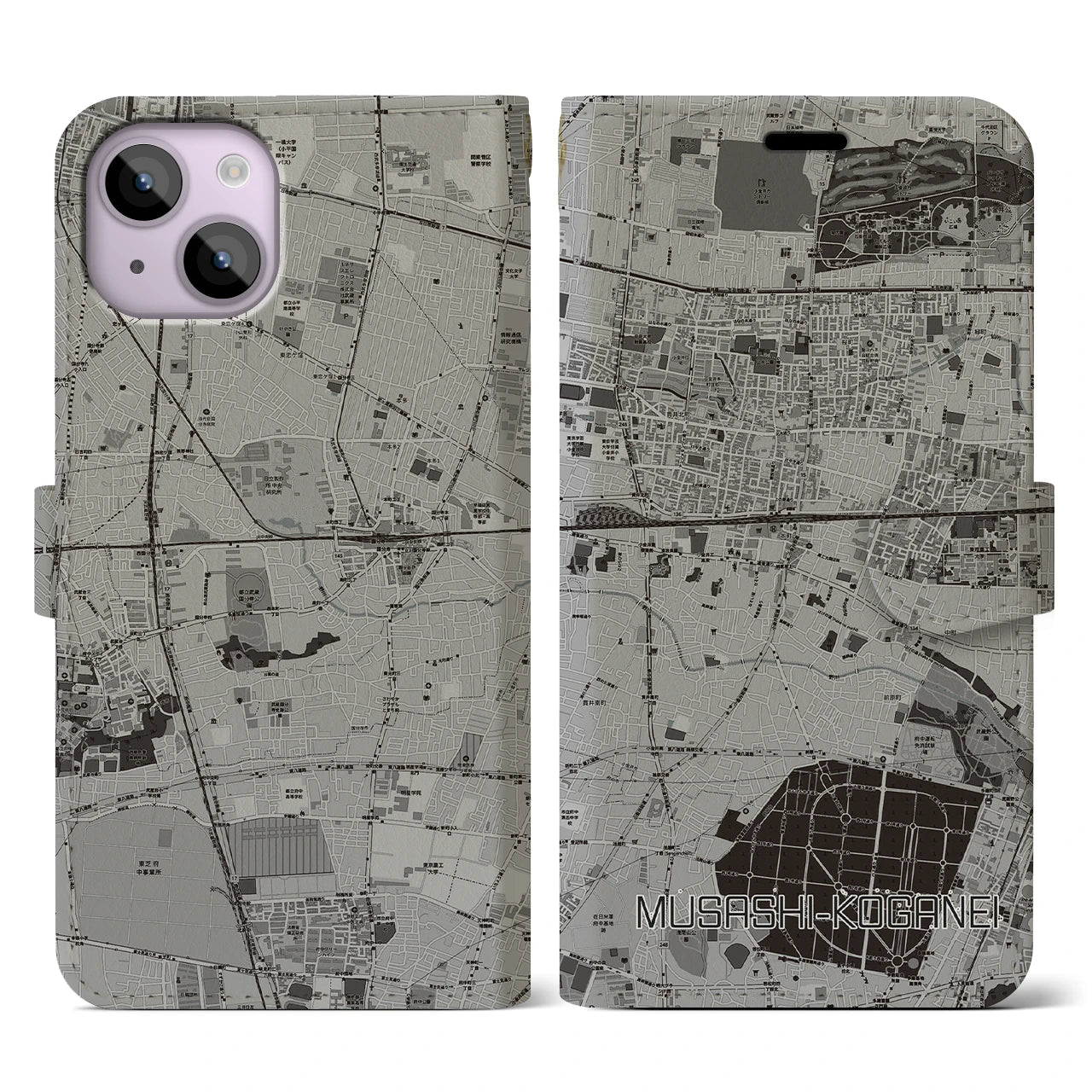 【武蔵小金井(東京都)】地図柄iPhoneケース(手帳タイプ)モノトーン・iPhone 14 用
