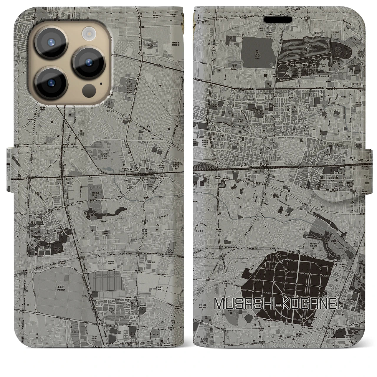 【武蔵小金井(東京都)】地図柄iPhoneケース(手帳タイプ)モノトーン・iPhone 14 Pro Max 用