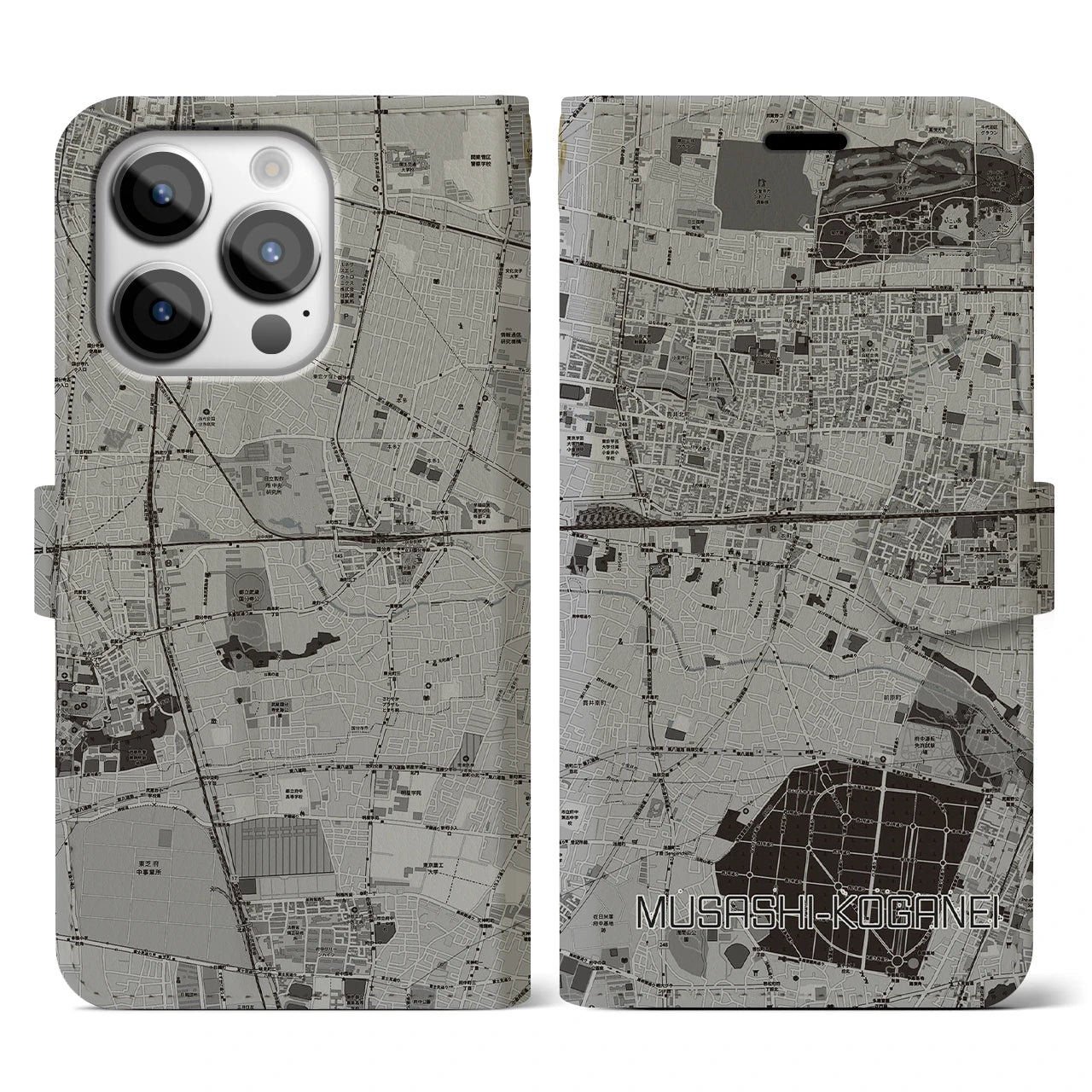 【武蔵小金井(東京都)】地図柄iPhoneケース(手帳タイプ)モノトーン・iPhone 14 Pro 用