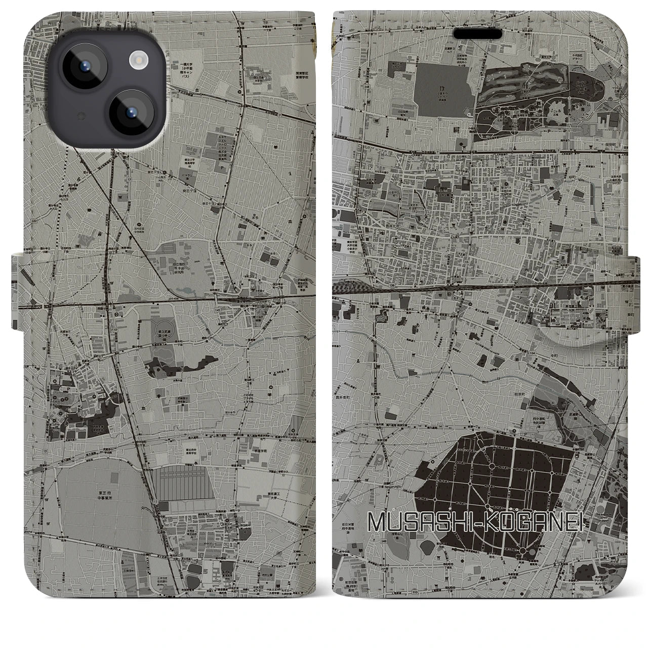 【武蔵小金井(東京都)】地図柄iPhoneケース(手帳タイプ)モノトーン・iPhone 14 Plus 用