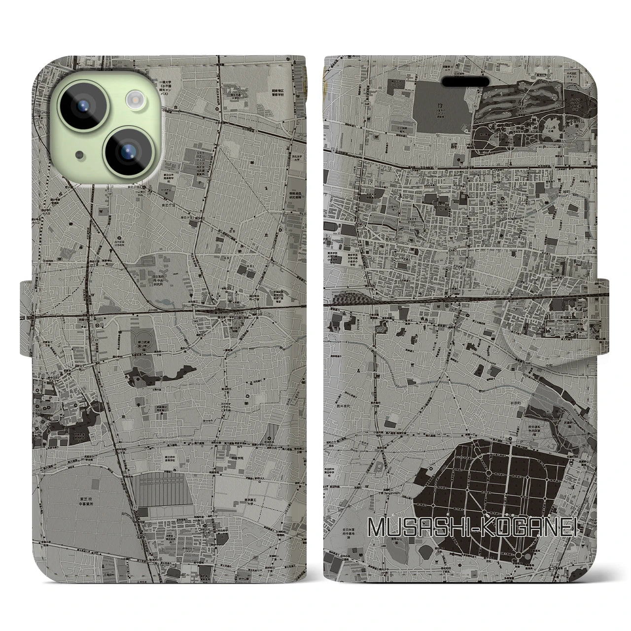 【武蔵小金井(東京都)】地図柄iPhoneケース(手帳タイプ)モノトーン・iPhone 15 用