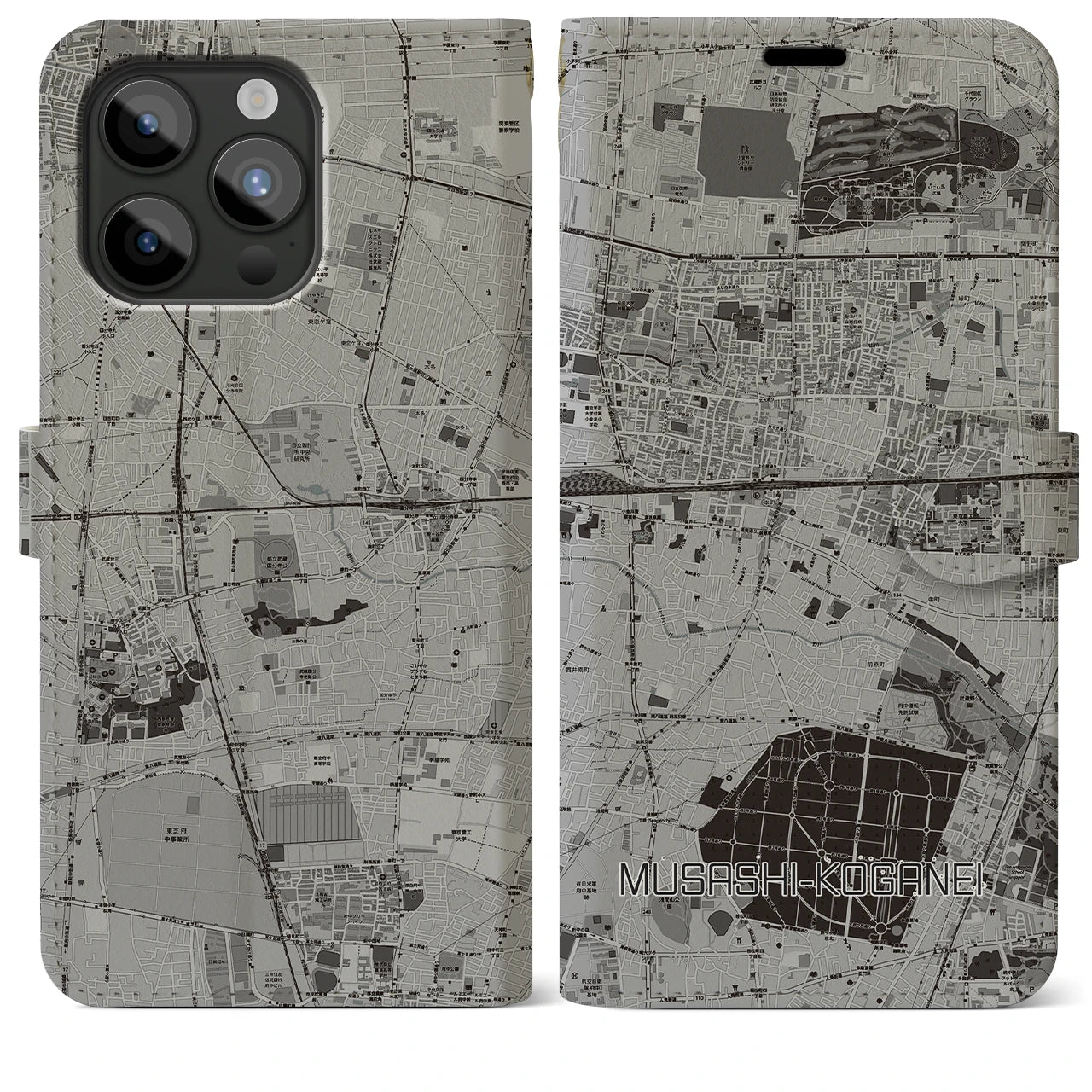 【武蔵小金井(東京都)】地図柄iPhoneケース(手帳タイプ)モノトーン・iPhone 15 Pro Max 用