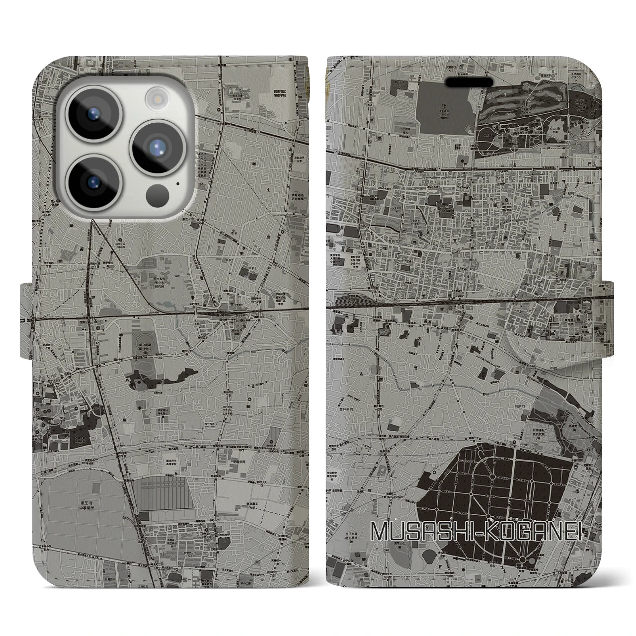 【武蔵小金井(東京都)】地図柄iPhoneケース(手帳タイプ)モノトーン・iPhone 15 Pro 用