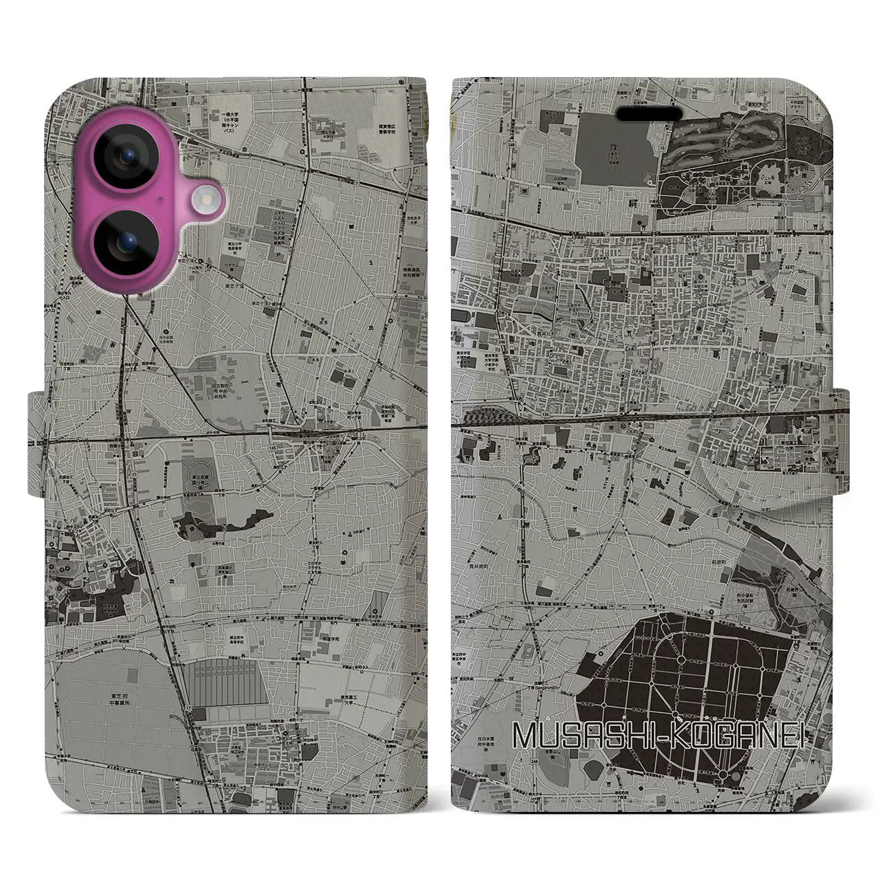【武蔵小金井(東京都)】地図柄iPhoneケース(手帳タイプ)モノトーン・iPhone 16 Pro 用