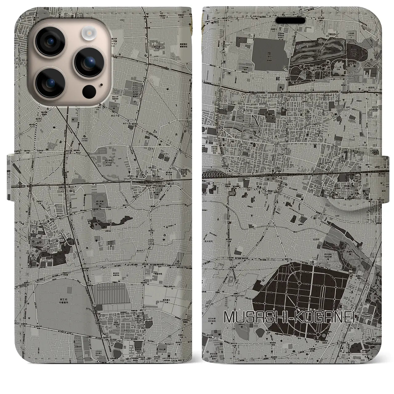 【武蔵小金井(東京都)】地図柄iPhoneケース(手帳タイプ)モノトーン・iPhone 16 Plus 用