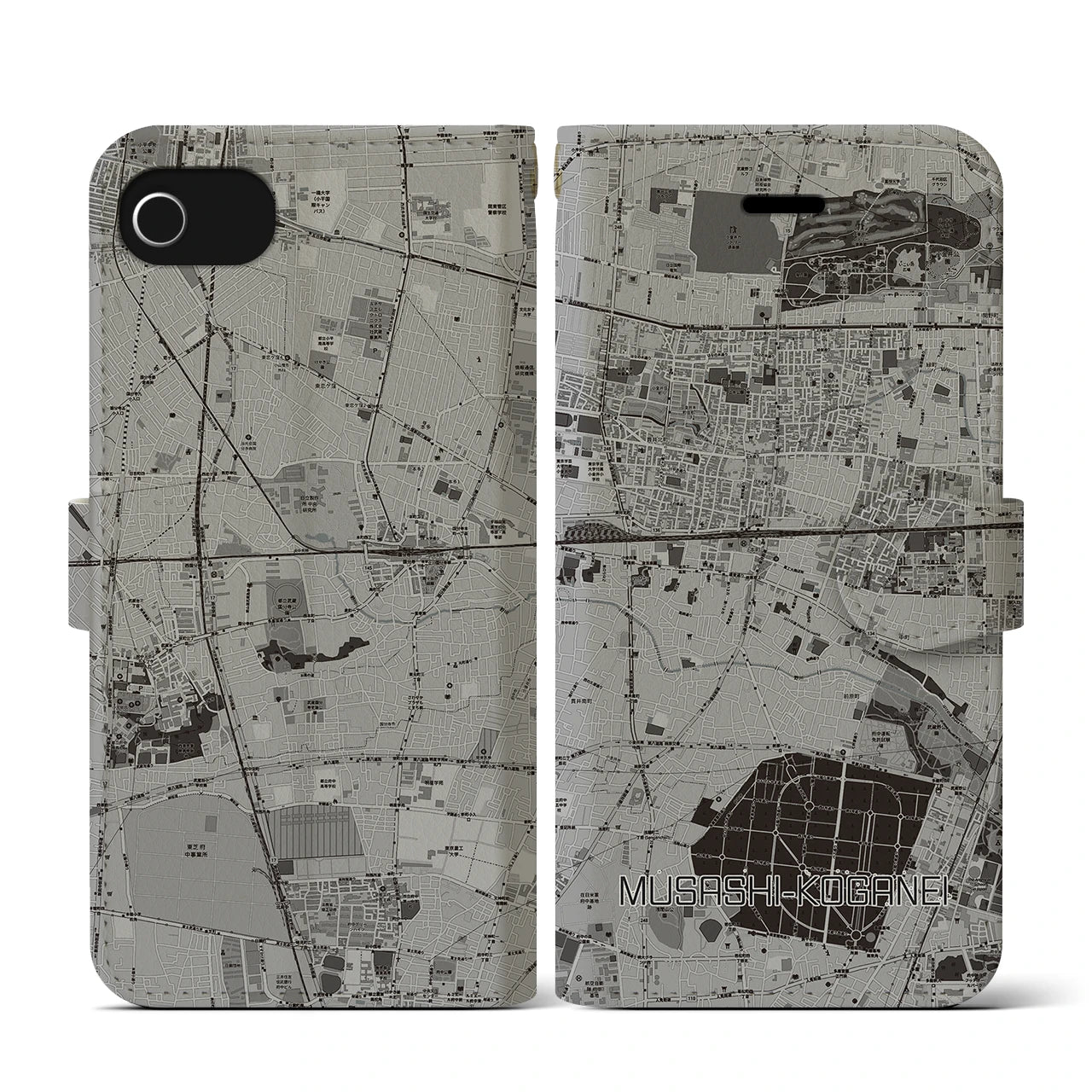 【武蔵小金井(東京都)】地図柄iPhoneケース(手帳タイプ)モノトーン・iPhone SE(第3 / 第2世代) / 8 / 7 / 6s / 6 用
