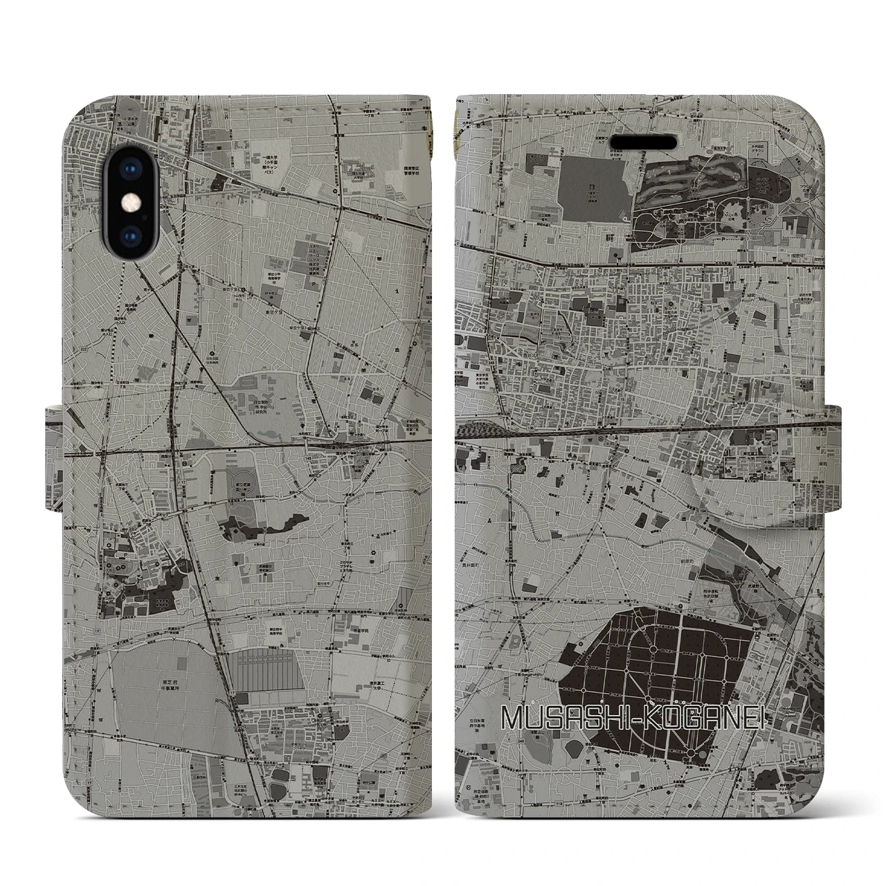 【武蔵小金井(東京都)】地図柄iPhoneケース(手帳タイプ)モノトーン・iPhone XS / X 用