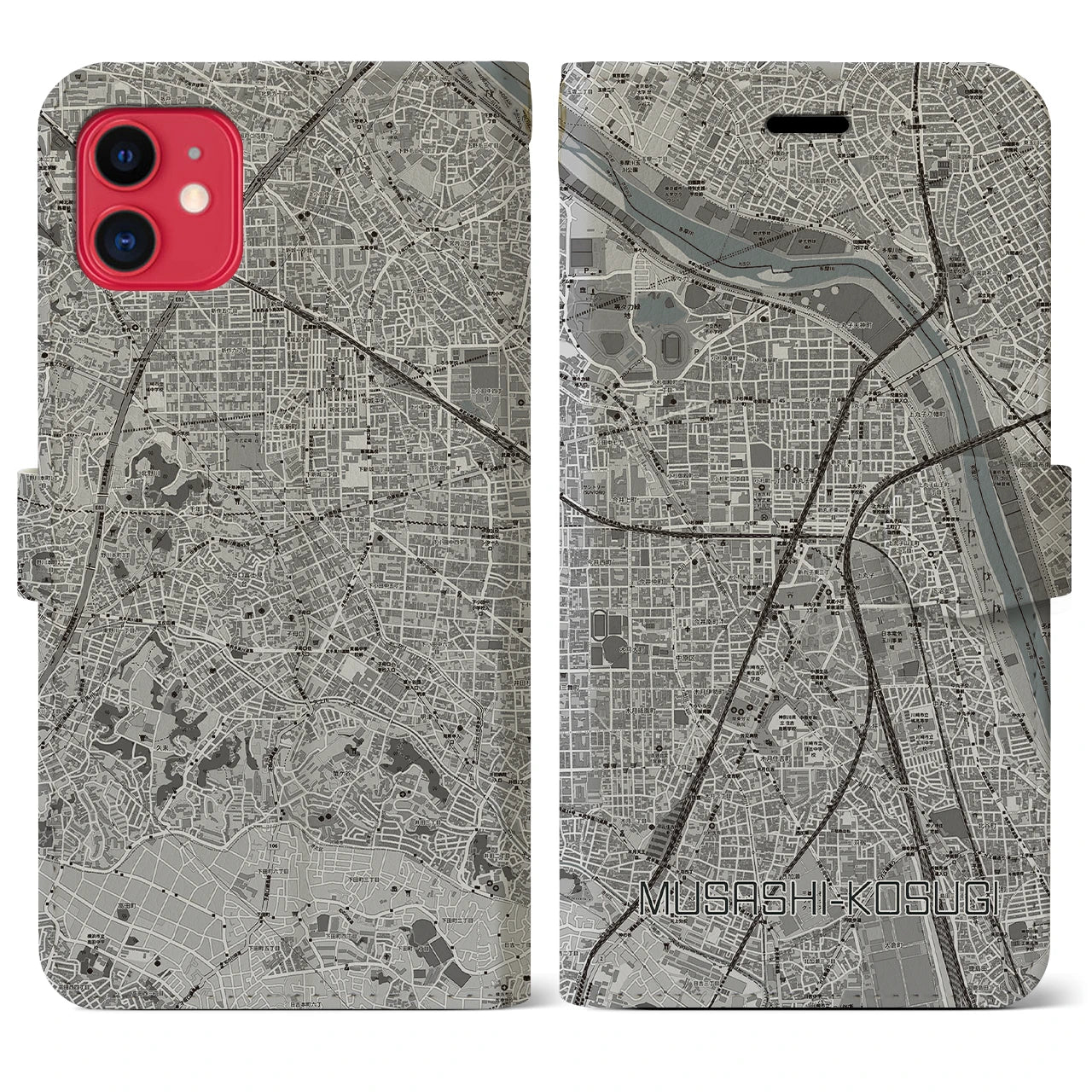 【武蔵小杉(神奈川県)】地図柄iPhoneケース(手帳タイプ)モノトーン・iPhone 11 用
