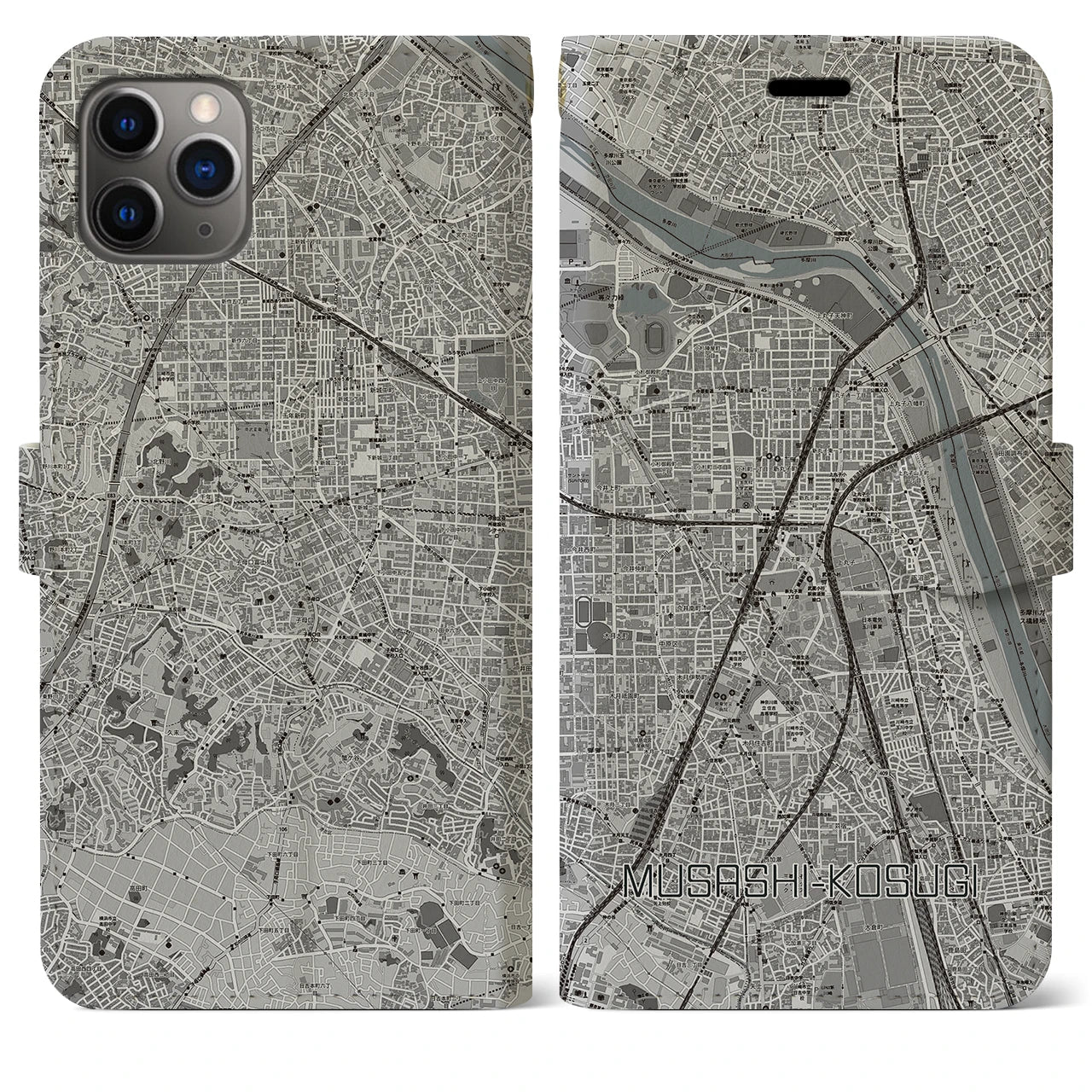 【武蔵小杉(神奈川県)】地図柄iPhoneケース(手帳タイプ)モノトーン・iPhone 11 Pro Max 用