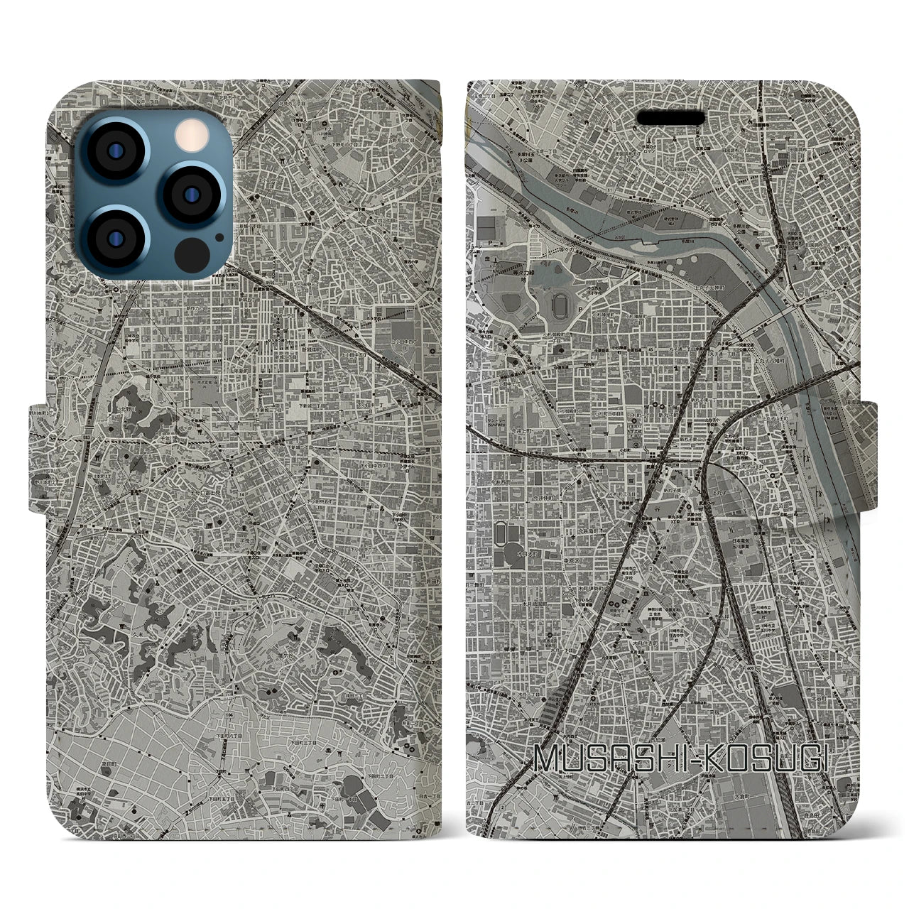 【武蔵小杉(神奈川県)】地図柄iPhoneケース(手帳タイプ)モノトーン・iPhone 12 / 12 Pro 用