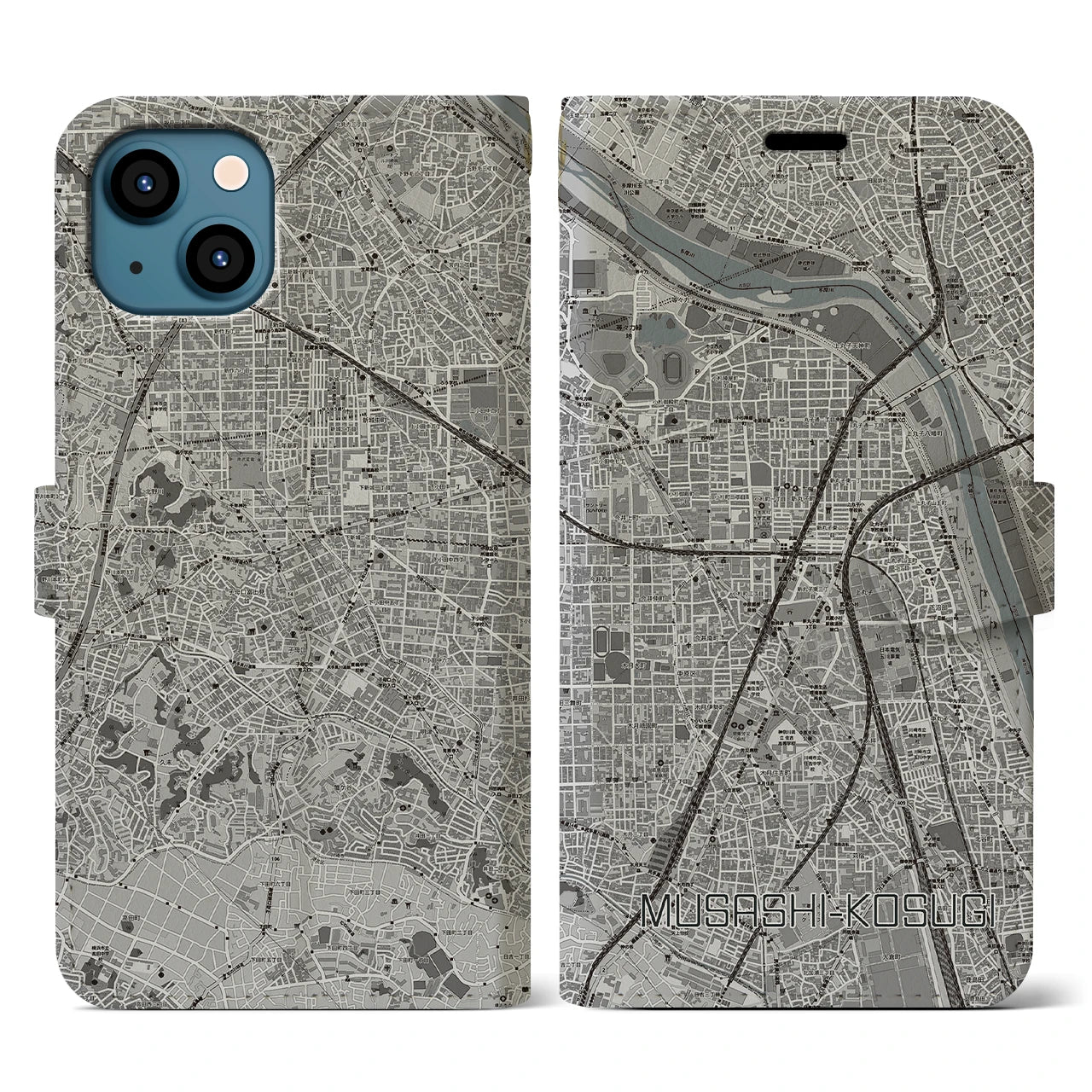 【武蔵小杉(神奈川県)】地図柄iPhoneケース(手帳タイプ)モノトーン・iPhone 13 用