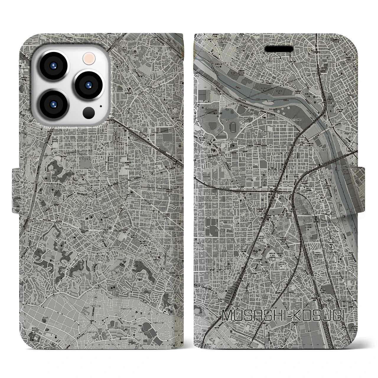 【武蔵小杉(神奈川県)】地図柄iPhoneケース(手帳タイプ)モノトーン・iPhone 13 Pro 用