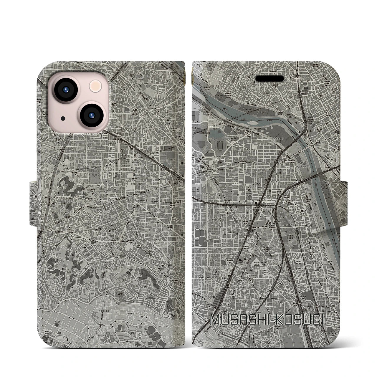 【武蔵小杉(神奈川県)】地図柄iPhoneケース(手帳タイプ)モノトーン・iPhone 13 mini 用