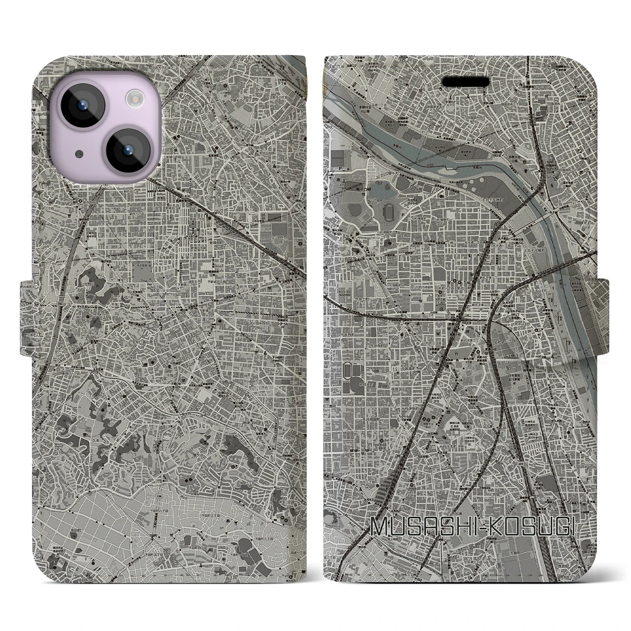 【武蔵小杉(神奈川県)】地図柄iPhoneケース(手帳タイプ)モノトーン・iPhone 14 用