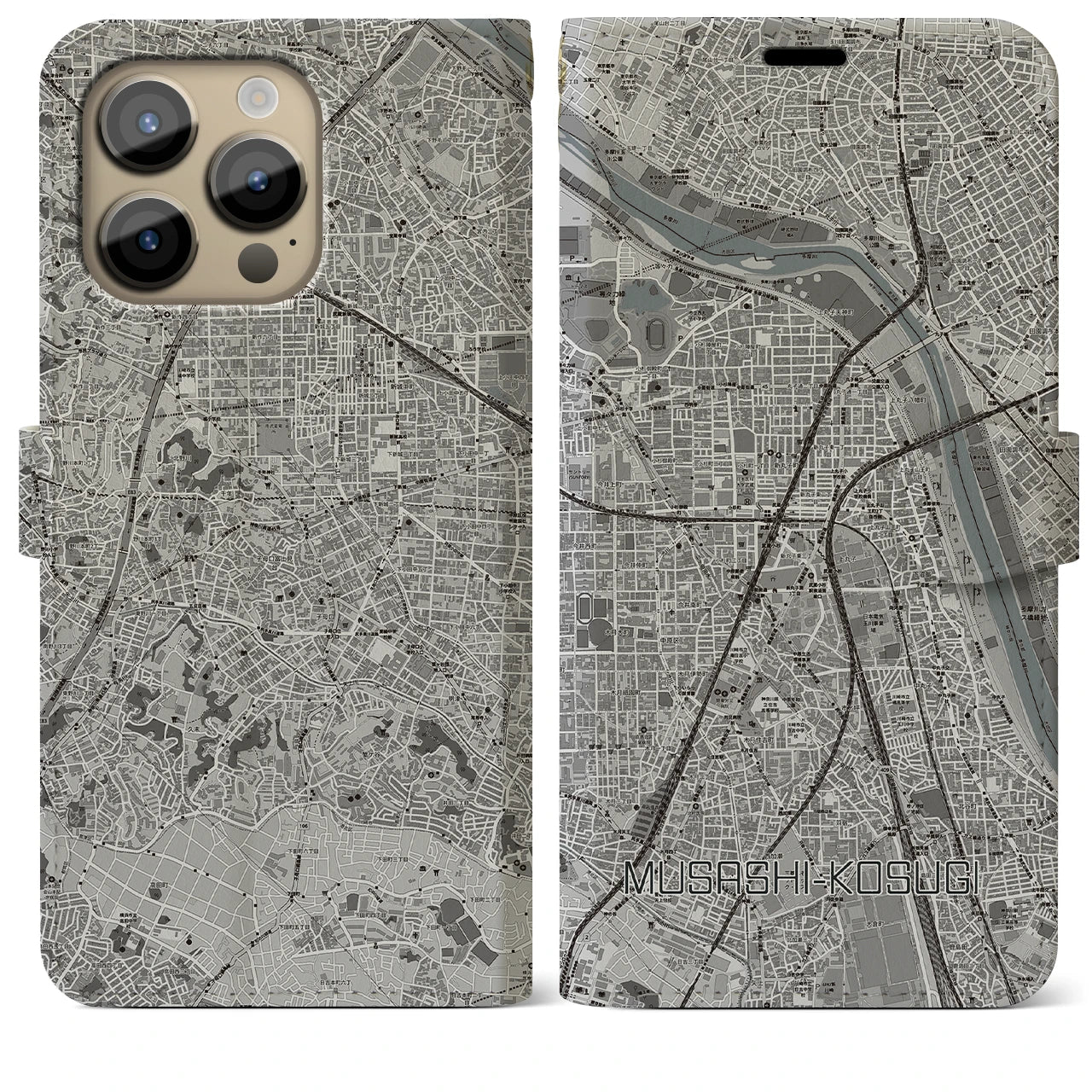 【武蔵小杉(神奈川県)】地図柄iPhoneケース(手帳タイプ)モノトーン・iPhone 14 Pro Max 用