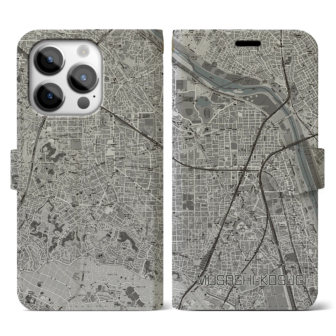 【武蔵小杉(神奈川県)】地図柄iPhoneケース(手帳タイプ)モノトーン・iPhone 14 Pro 用