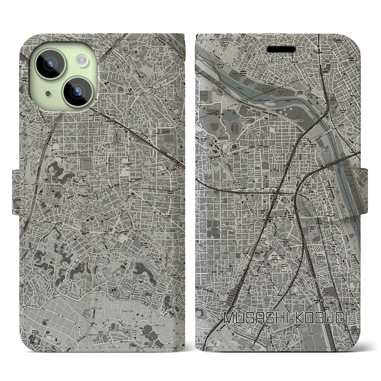 【武蔵小杉(神奈川県)】地図柄iPhoneケース(手帳タイプ)モノトーン・iPhone 15 用