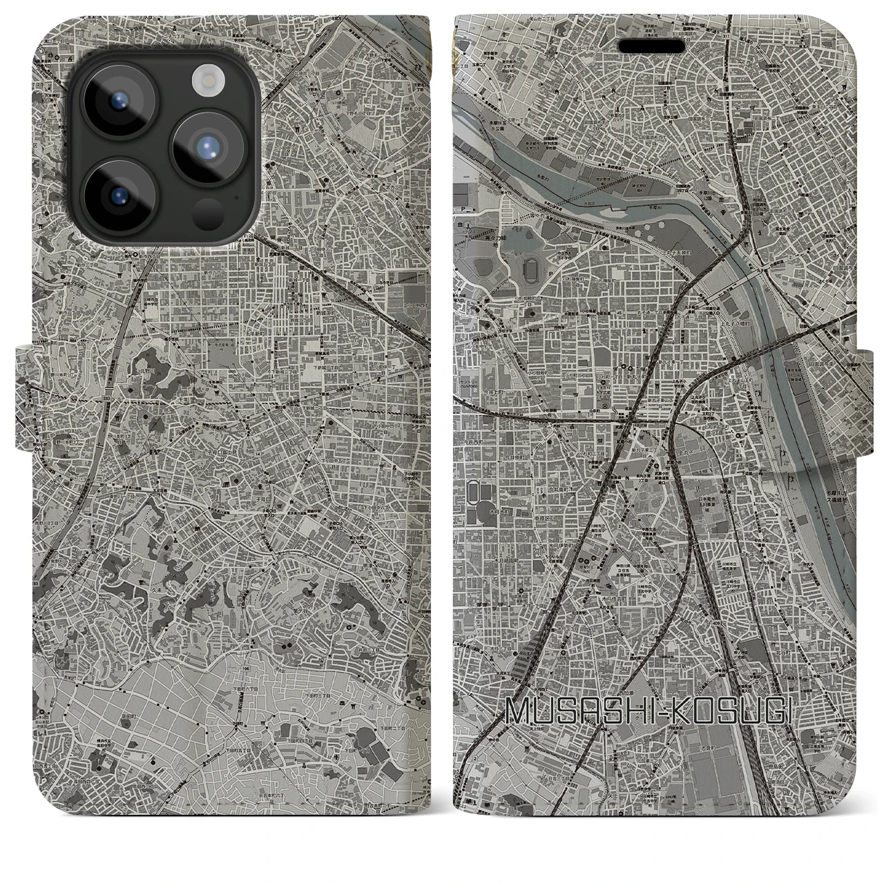 【武蔵小杉(神奈川県)】地図柄iPhoneケース(手帳タイプ)モノトーン・iPhone 15 Pro Max 用