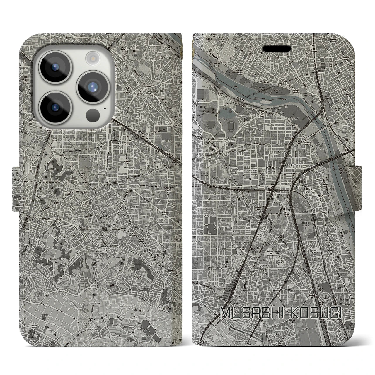 【武蔵小杉(神奈川県)】地図柄iPhoneケース(手帳タイプ)モノトーン・iPhone 15 Pro 用