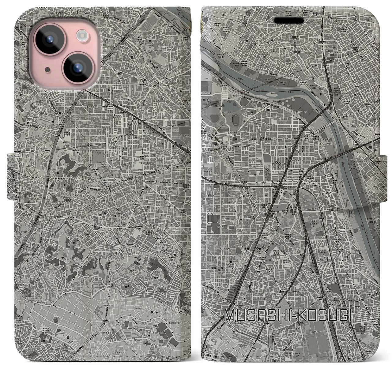 【武蔵小杉(神奈川県)】地図柄iPhoneケース(手帳タイプ)モノトーン・iPhone 15 Plus 用
