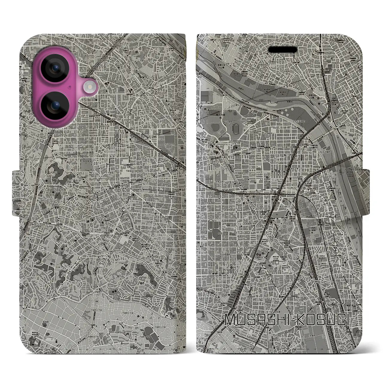 【武蔵小杉(神奈川県)】地図柄iPhoneケース(手帳タイプ)モノトーン・iPhone 16 Pro 用