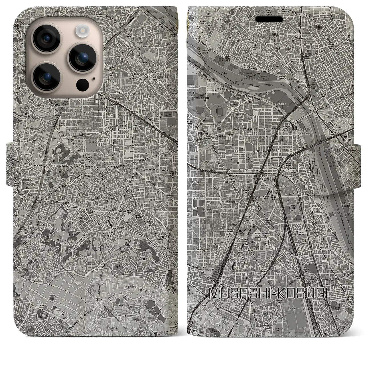 【武蔵小杉(神奈川県)】地図柄iPhoneケース(手帳タイプ)モノトーン・iPhone 16 Plus 用