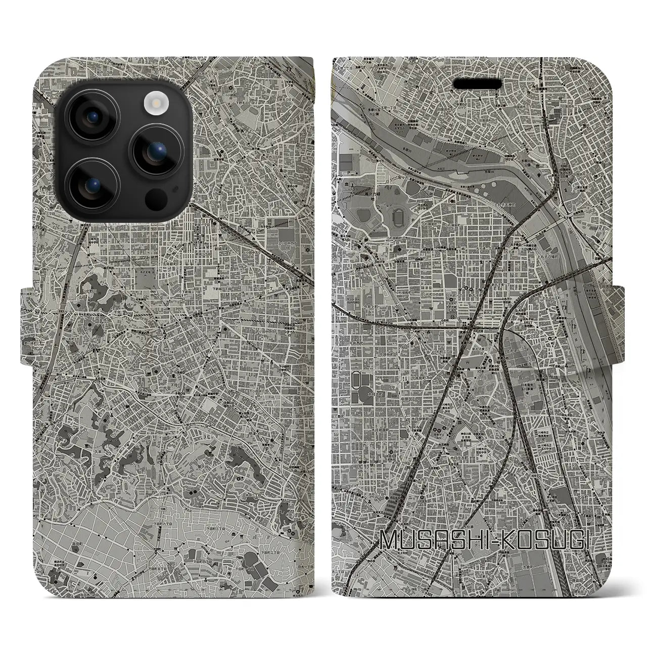 【武蔵小杉(神奈川県)】地図柄iPhoneケース(手帳タイプ)モノトーン・iPhone 16 用