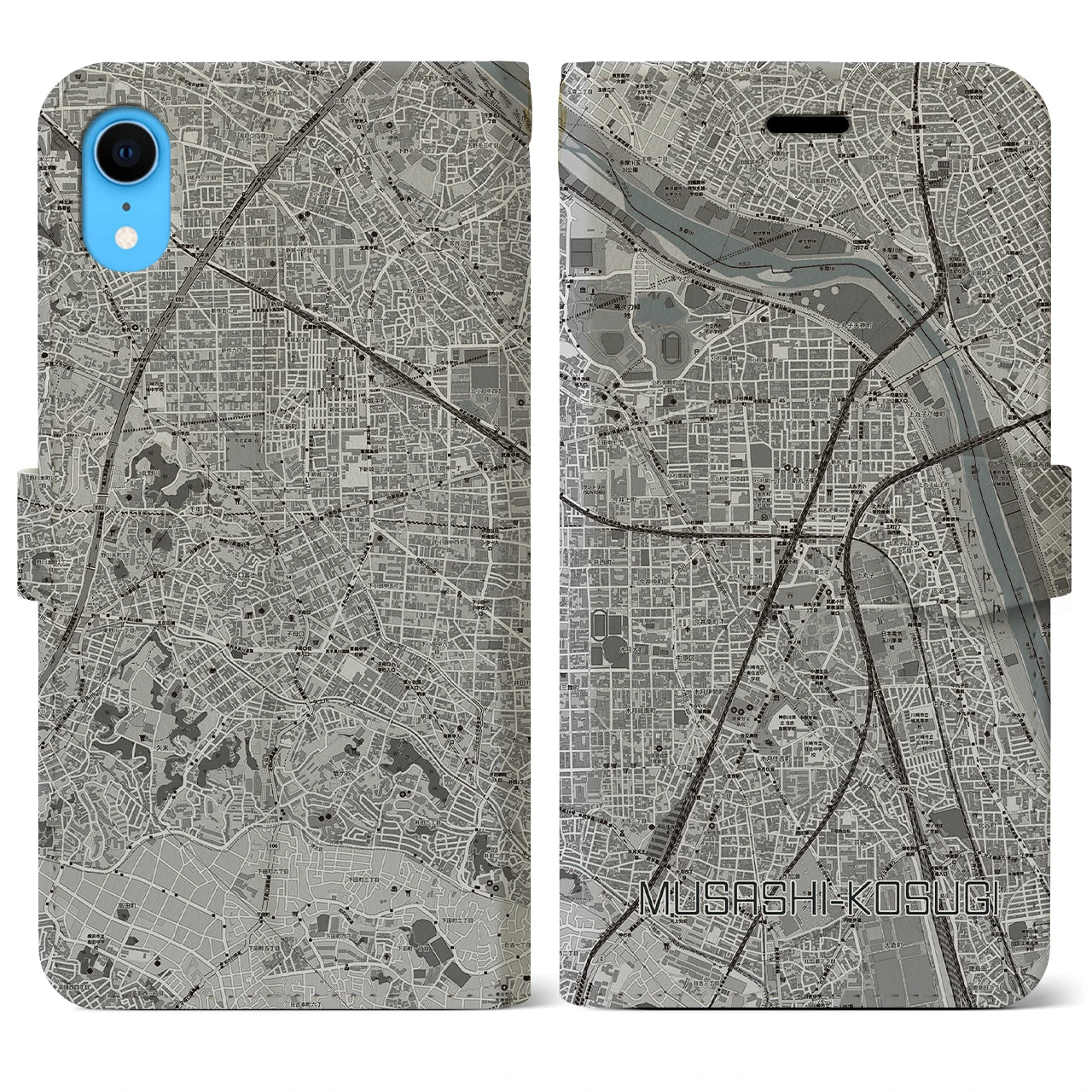【武蔵小杉(神奈川県)】地図柄iPhoneケース(手帳タイプ)モノトーン・iPhone XR 用